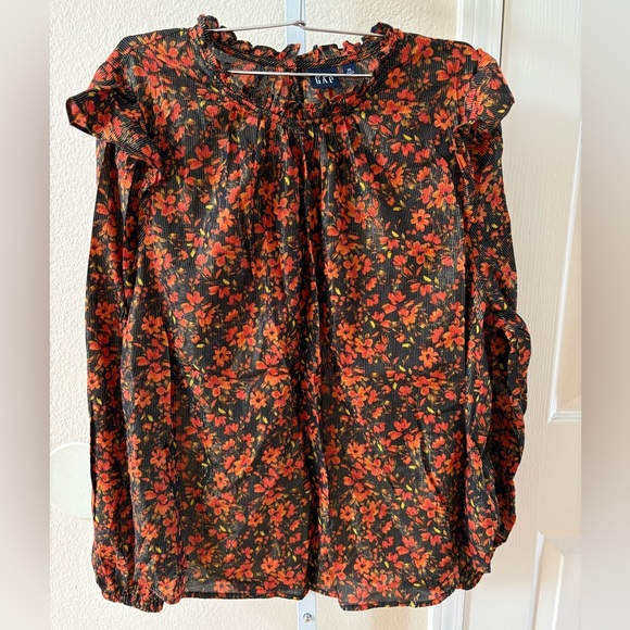 GAP Ruffle Long Sleeve Top in Cornucopia Red & Black Floral - Size XL - Picture 6 of 8